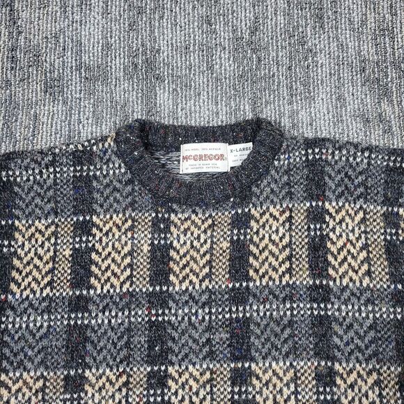VTG 70s McGregor Geometric Plaid, Grandpa, Preppy, Wool Sweater *XL* Knit - Picture 3 of 10